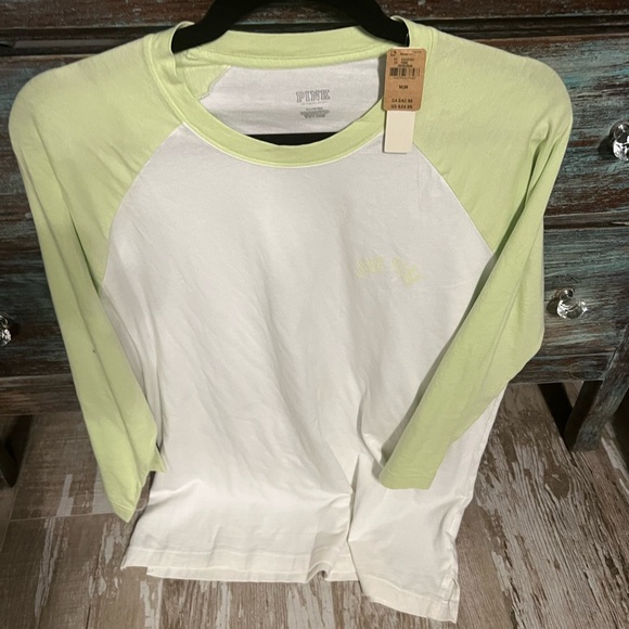 VS PINK Campus Baseball Tee!LOVE PINK Logo!Light Green/White!NEW!Sz M! CUTE$35! - Picture 1 of 6